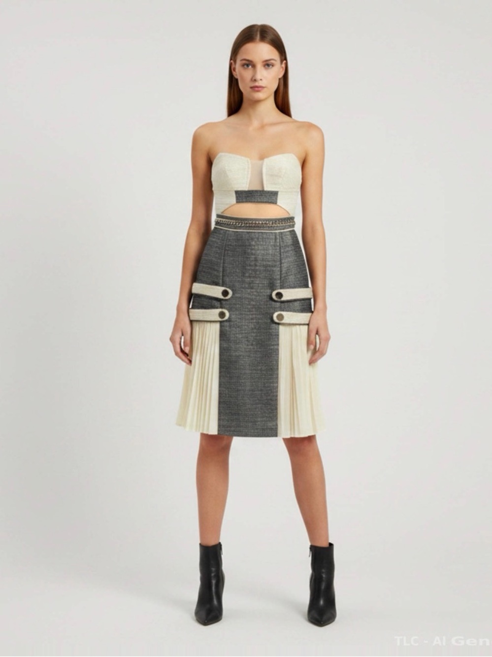 Self-Portrait Two-Tone Dress in Cream and Gray